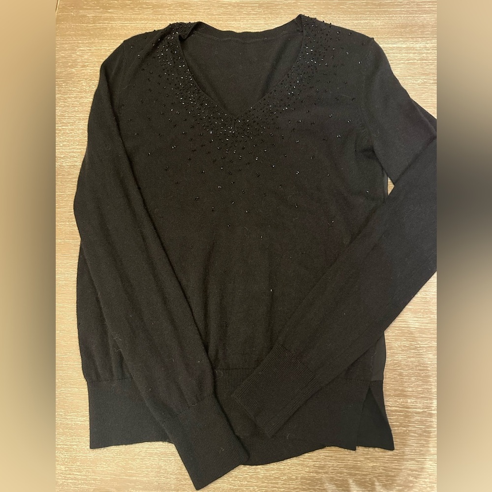 Ann Taylor Delicately Beaded Black V-Neck With Silky Back Sweater Small
